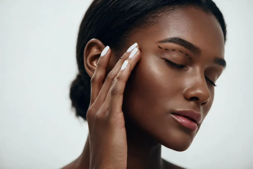 Mulher negra com os olhos fechados toca a lateral do rosto, enquanto marcações tracejadas sobre uma das pálpebras indicam a área de planejamento da blefaroplastia.