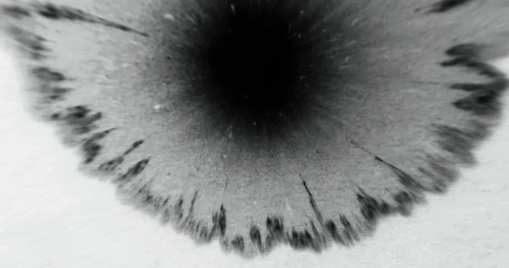Close-up em preto e branco de uma íris com áreas escuras de pigmentação ao redor da pupila, ilustrando a melanocitose oculodermal.