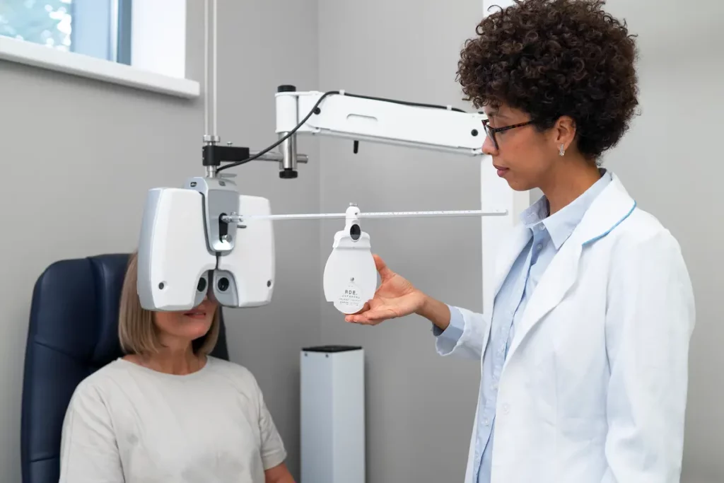 Oftalmologista negra ajusta um equipamento de exame diante de uma paciente branca idosa, em consultório, representando o programa visão saúde.