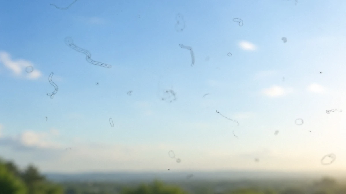 Visão simulada de um céu azul com diferentes manchas, fios e pontinhos pretos flutuando, conhecidos como moscas volantes.