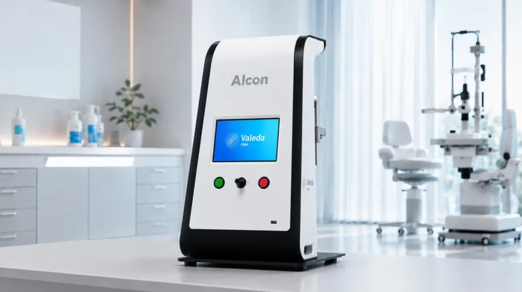 Equipamento oftalmológico branco em consultório, com as inscrições "Alcon" e "Valeda PBM", utilizado em tratamento para DMRI.