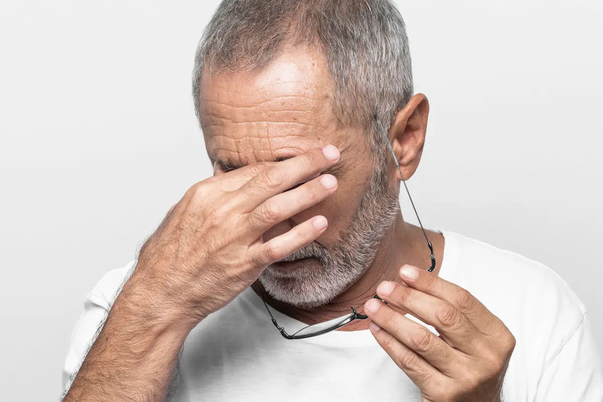 Homem idoso com barba grisalha esfrega os olhos cansados e segura os óculos, sinal de vista embaçada que pode indicar necessidade de cirurgia de catarata
